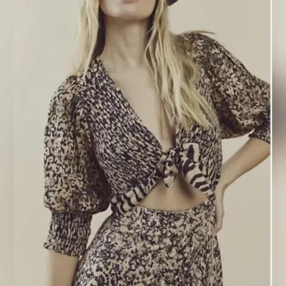 Free People String Of Hearts Printed Maxi Smocked V-Neck Dress Tan & Black Sz L - Picture 4 of 15